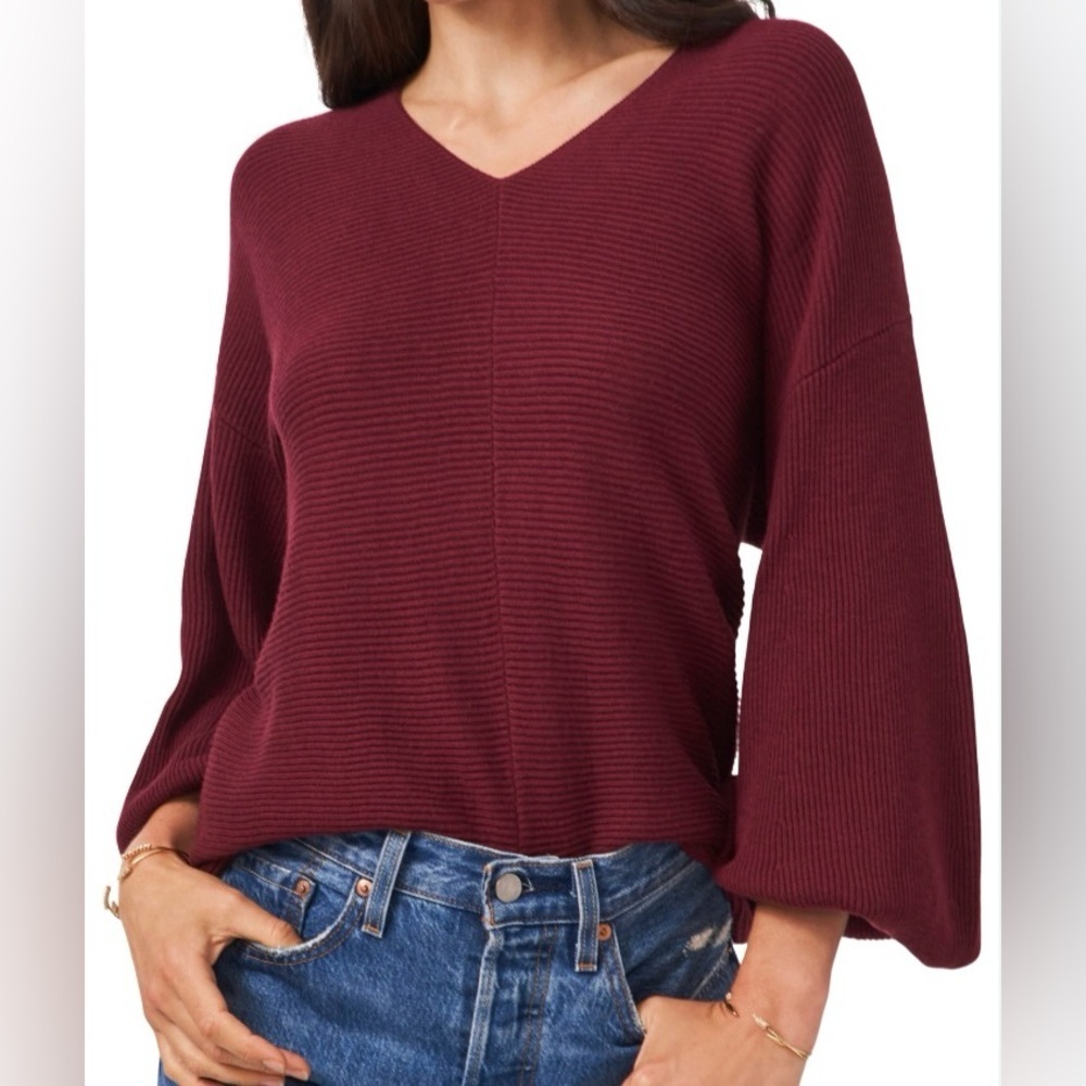 1. State Ribbed Pullover Balloon Sleeve Sweater. Size L. Burgundy.